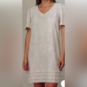Nicole Miller Original Dress White Tan Linen Blend Pleated Hem Short Sleeve XL👍